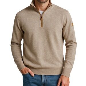 Peter Millar 100% Ex Fine Merino Wool Beige 1/4Zip Beige Arm Patches Sweater SzL